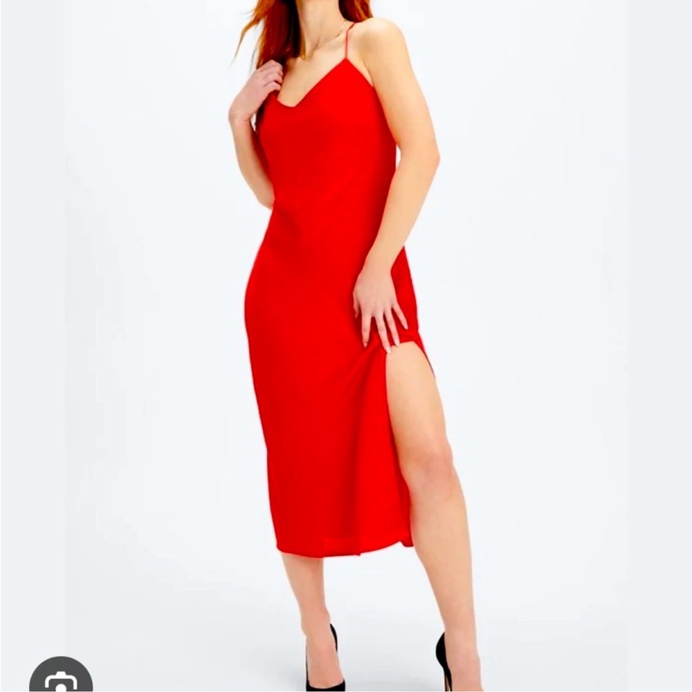 NWT Fabletics Satin Slip Midi Halter Dress Lace Up Back Red‎ Medium